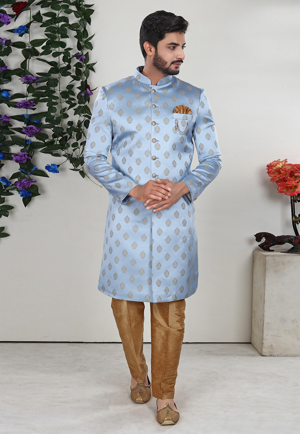 Sky Blue Jacquard Indo Western Suit 225328