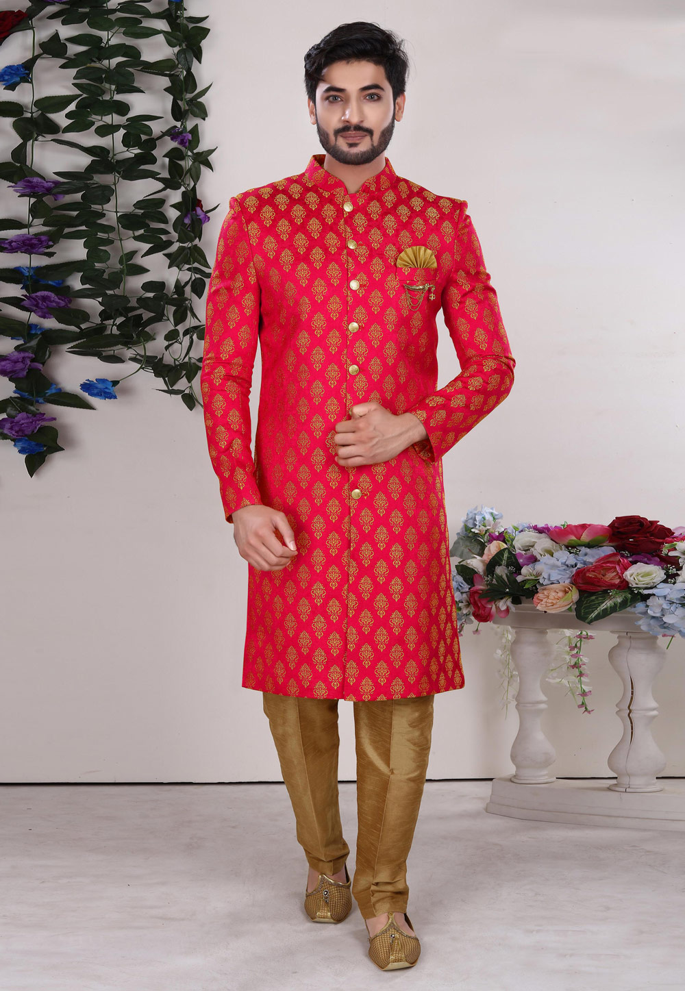 Pink Jacquard Indo Western Suit 225329