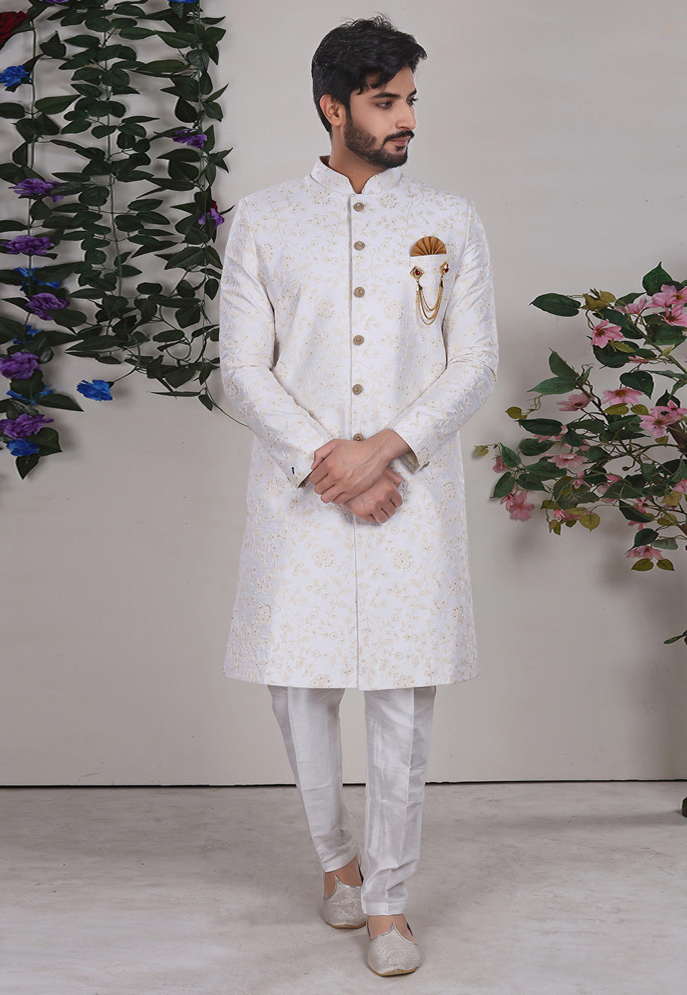 White Jacquard Indo Western Suit 225332