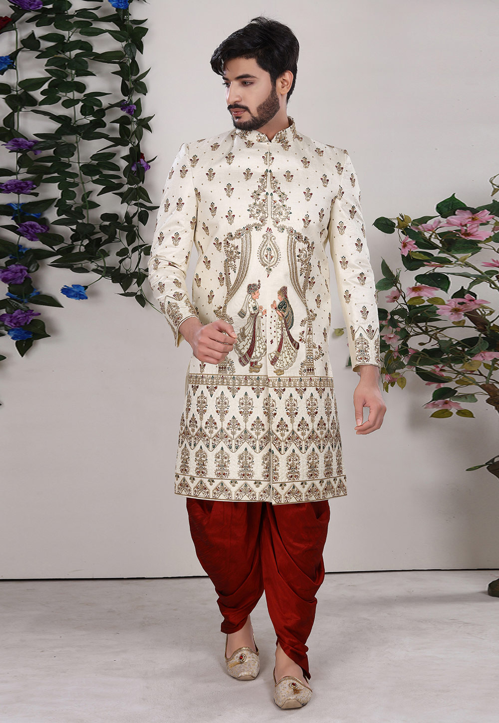 Cream Jacquard Indo Western Suit 225336