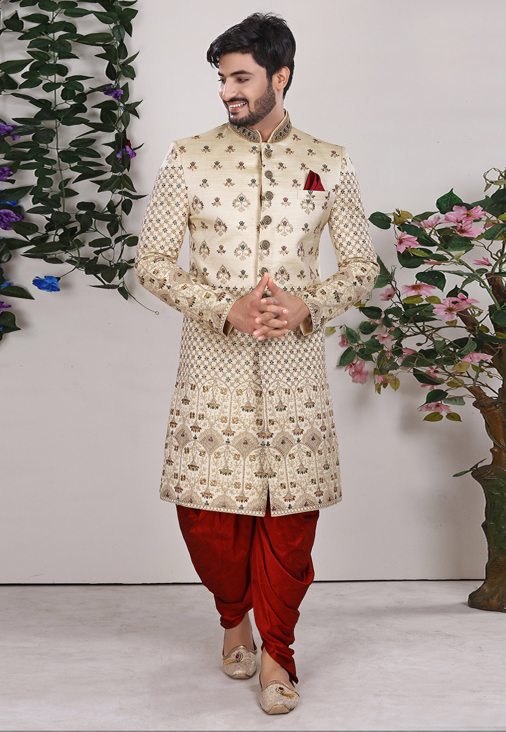 Cream Jacquard Indo Western Suit 225344