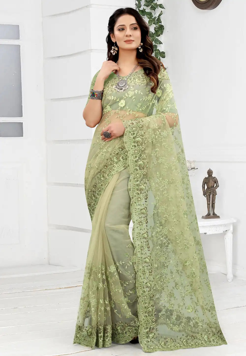 Light Green Net Saree With Blouse 241027