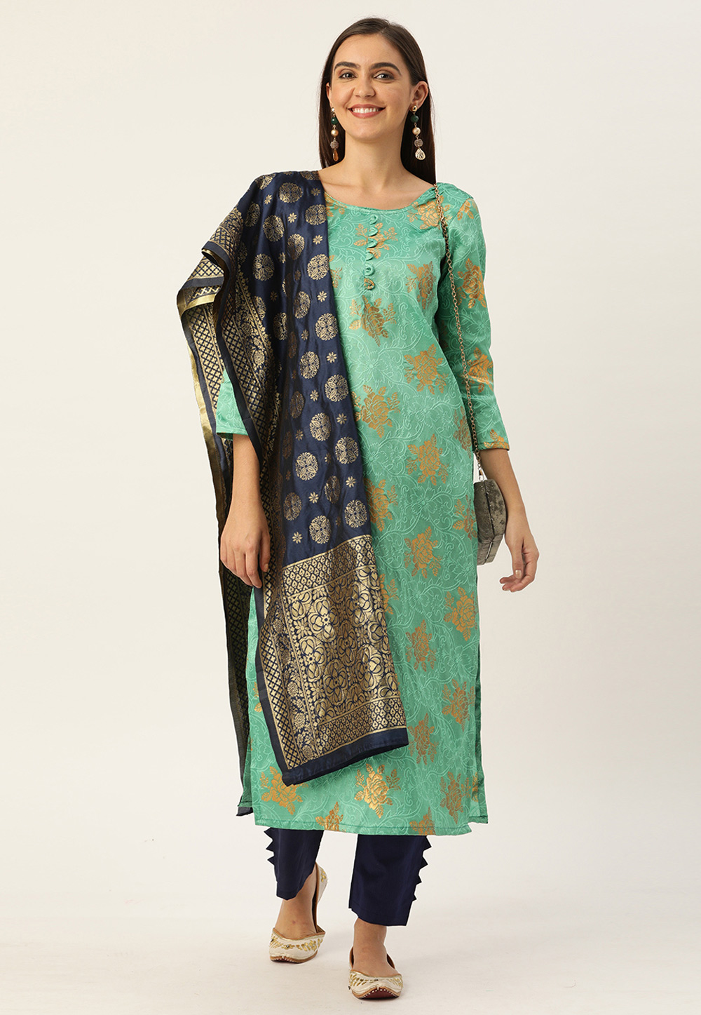 Sea Green Jacquard Kameez With Pant 224034
