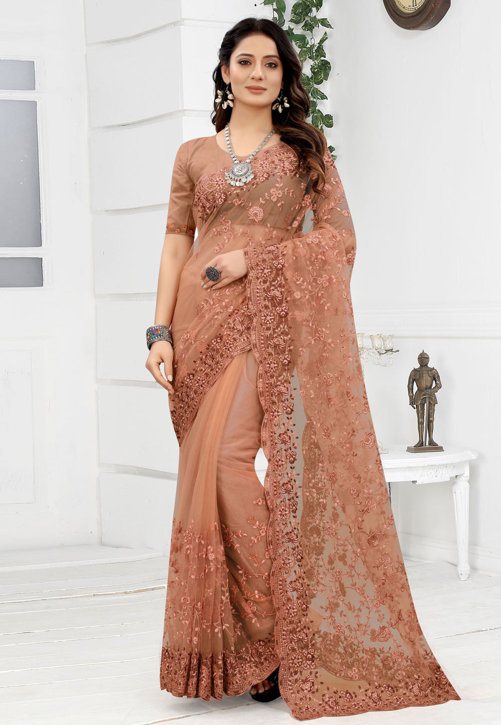 Peach Net Festival Wear Saree 241028