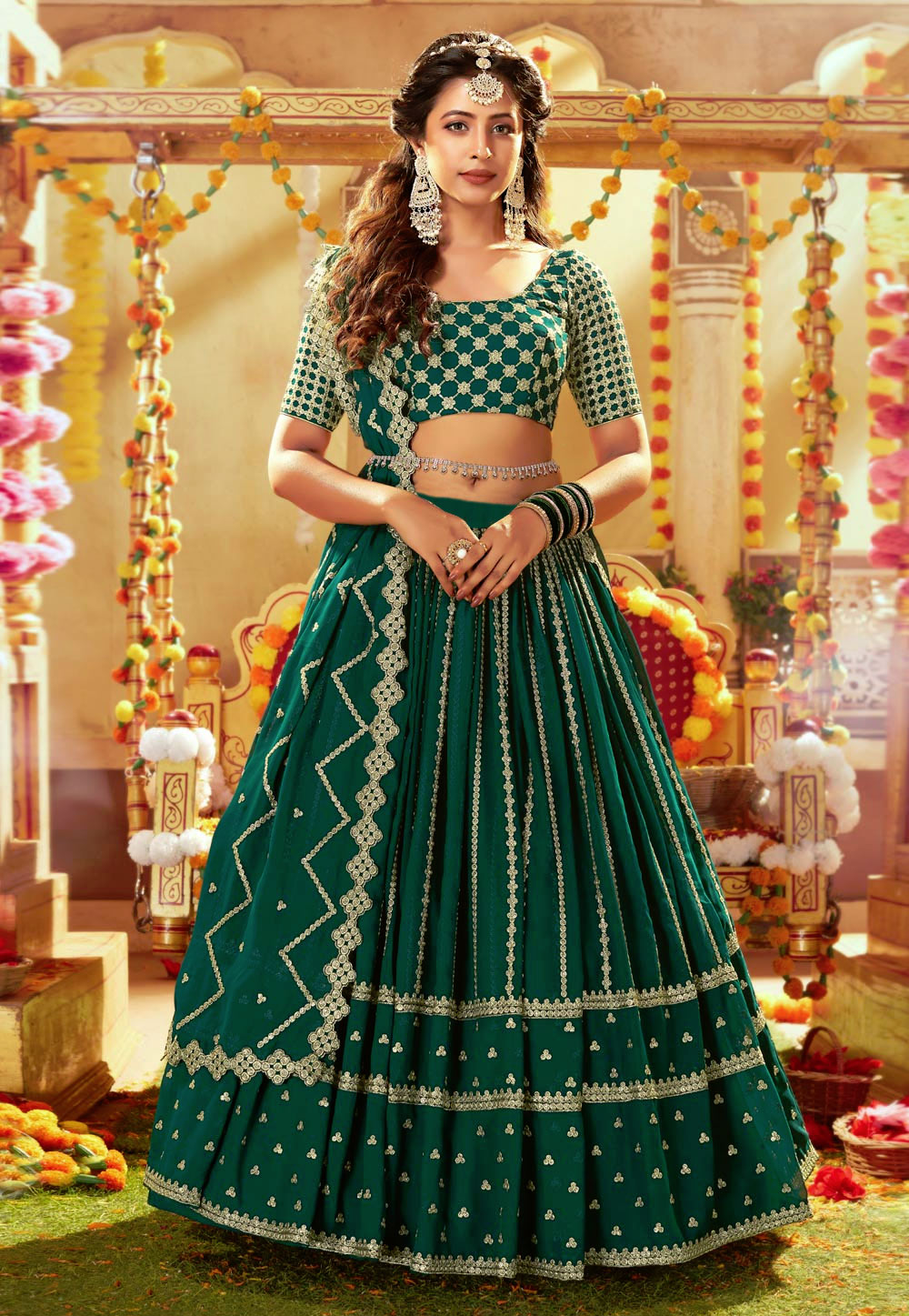 Green Faux Georgette Circular Lehenga Choli 247007