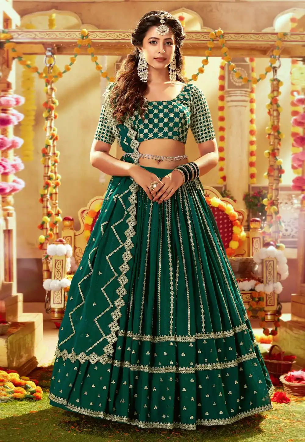 Green Faux Georgette Circular Lehenga Choli 247007