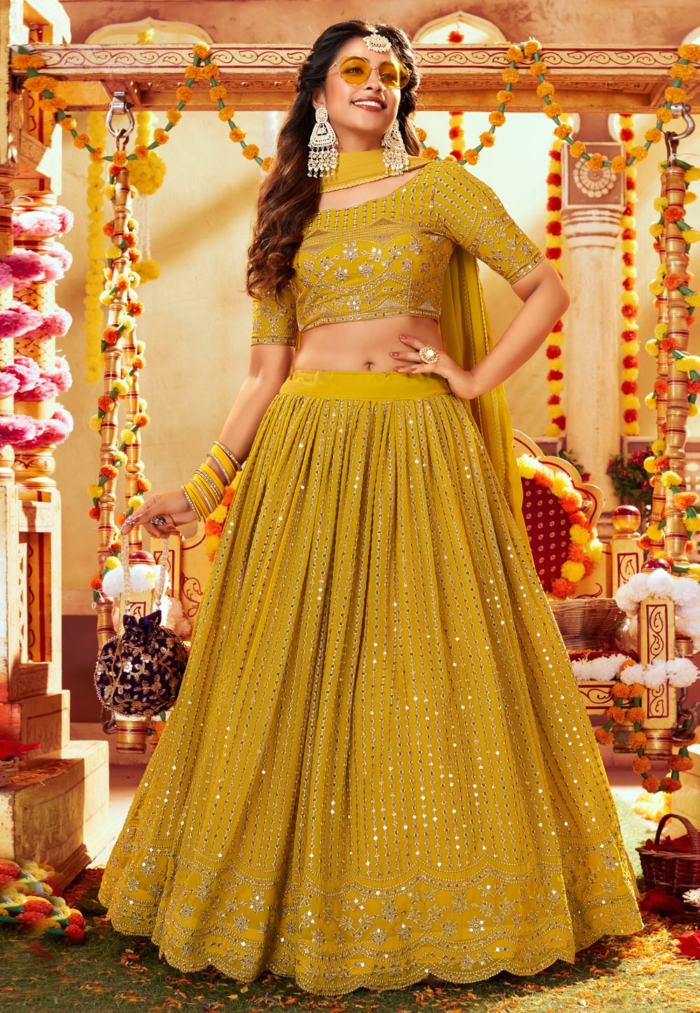Mustard Faux Georgette Circular Lehenga Choli 247008