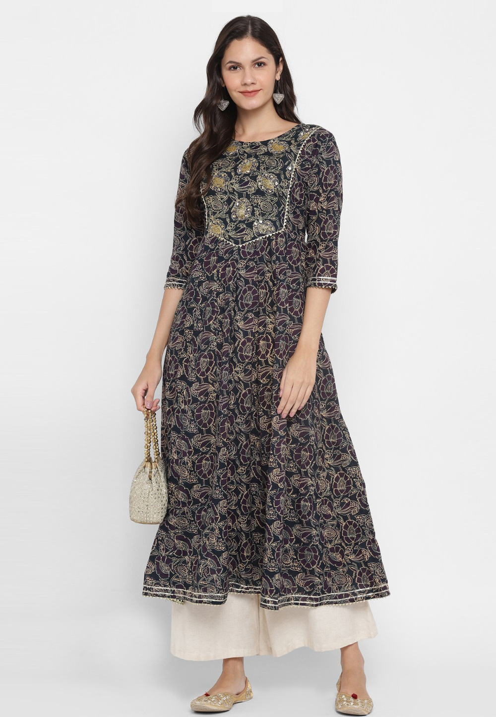 Navy Blue Printed Cotton Tunic 224400