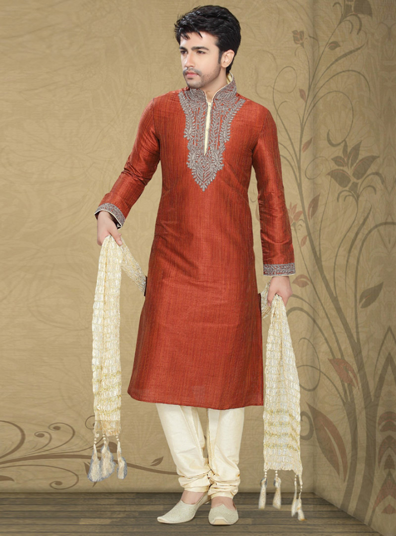 Rust Art Silk Readymade Kurta With Churidar 87892