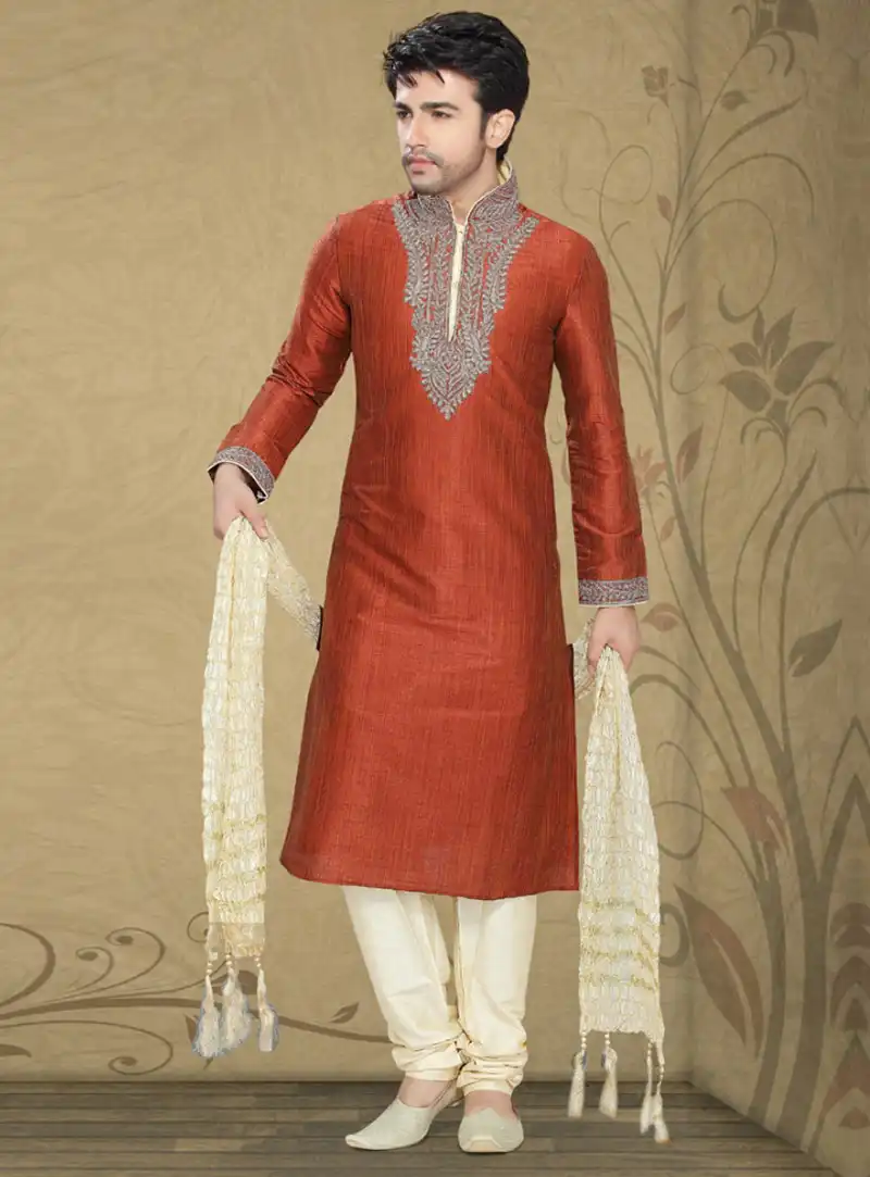 Rust Art Silk Readymade Kurta With Churidar 87892