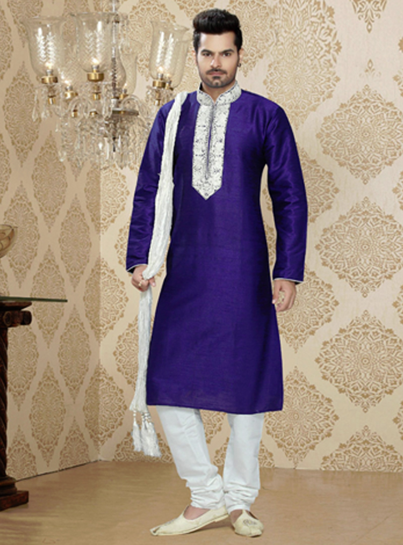 Blue Art Silk Readymade Kurta With Churidar 87893