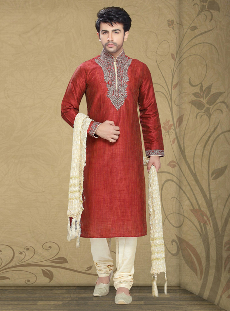Rust Art Silk Readymade Kurta Pajama 87894