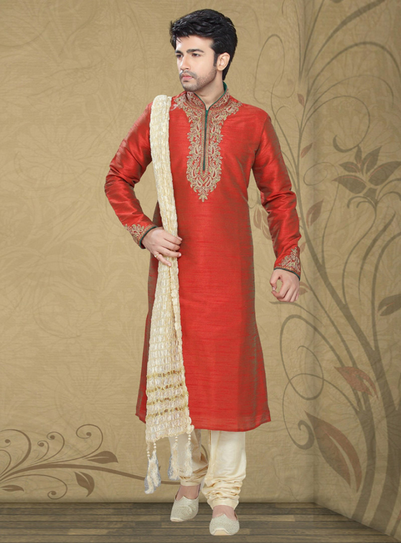 Red Art Silk Readymade Kurta Pajama 87896