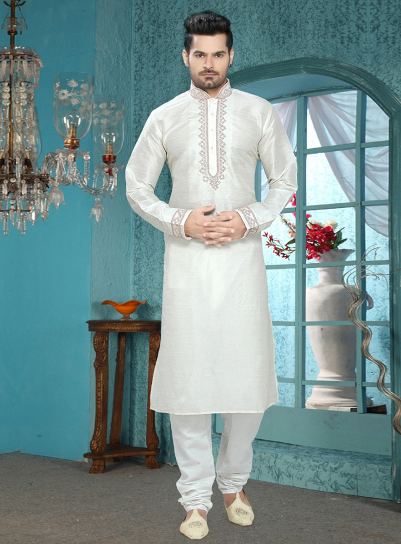 Off White Art Silk Readymade Kurta With Churidar 87900