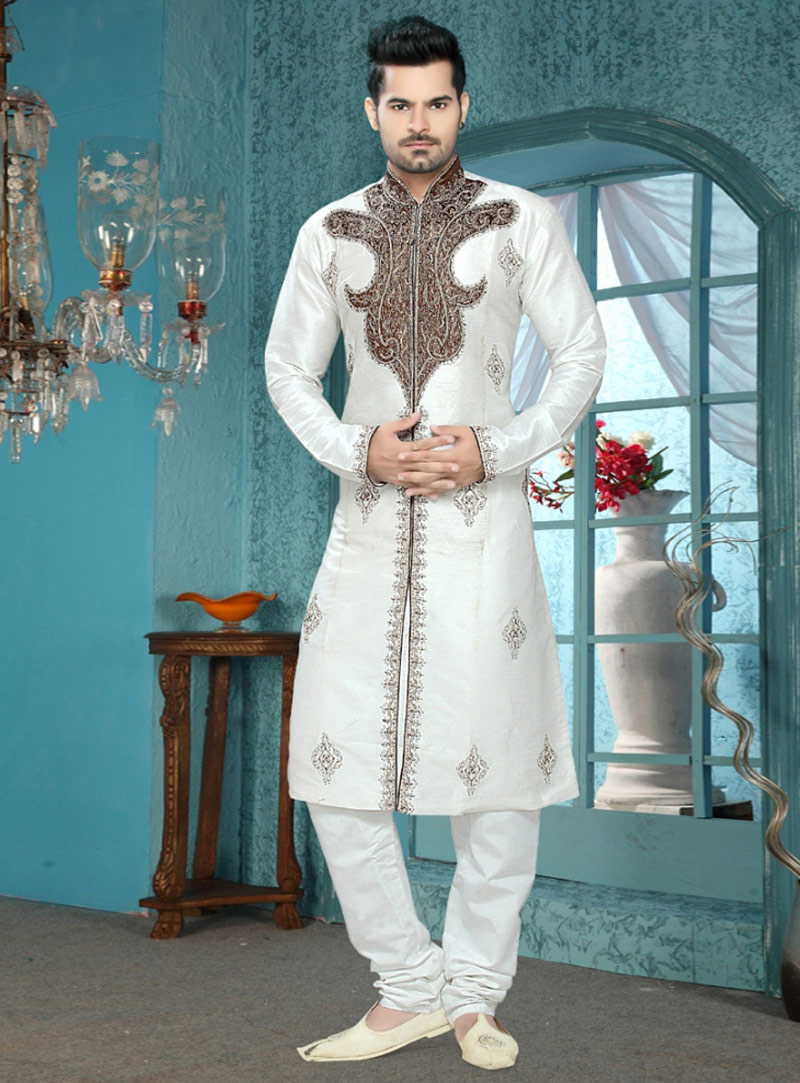 Off White Art Silk Readymade Kurta Pajama 87902