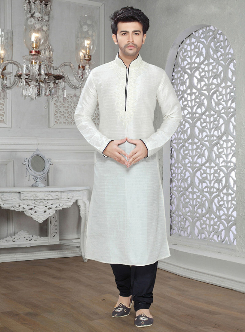 Off White Art Silk Readymade Kurta With Churidar 87903