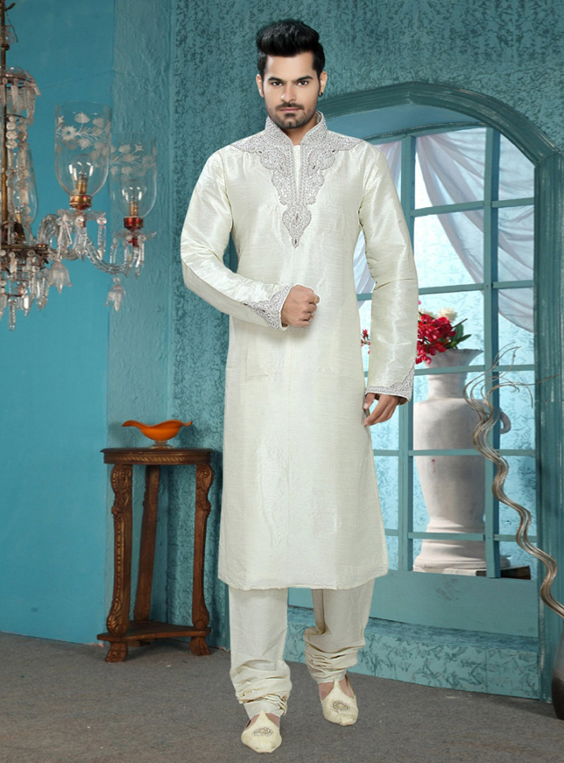 Off White Art Silk Readymade Kurta Pajama 87906