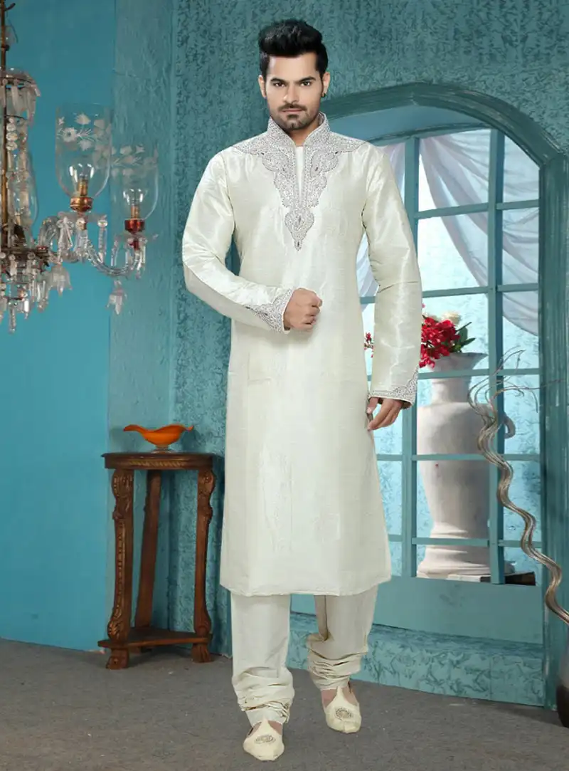 Off White Art Silk Readymade Kurta Pajama 87906