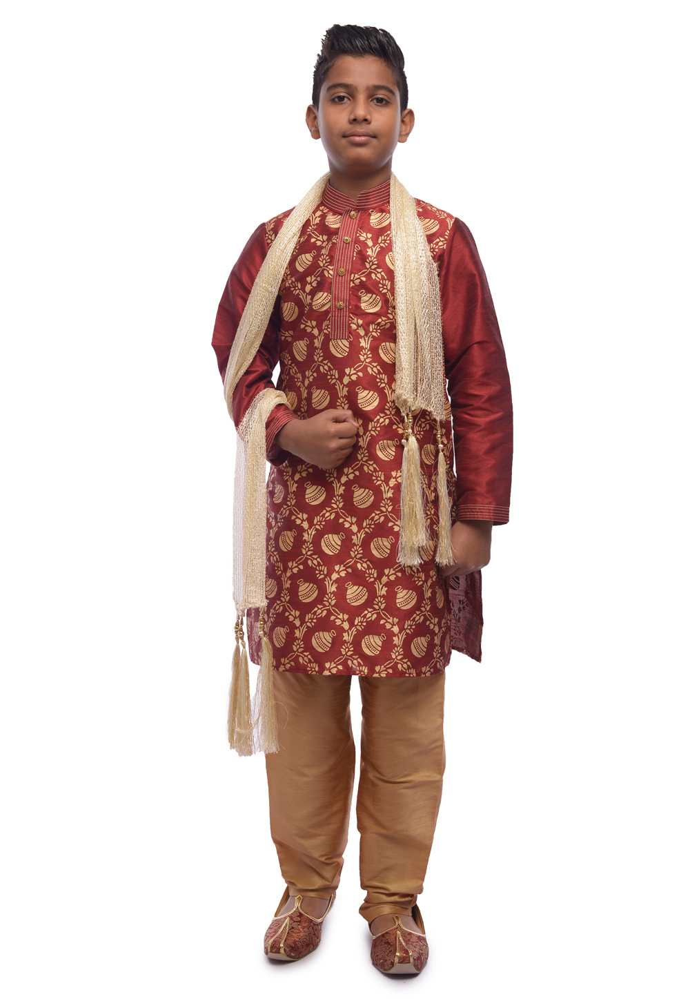 Maroon Dupion Silk Kids Kurta Pajama 278104