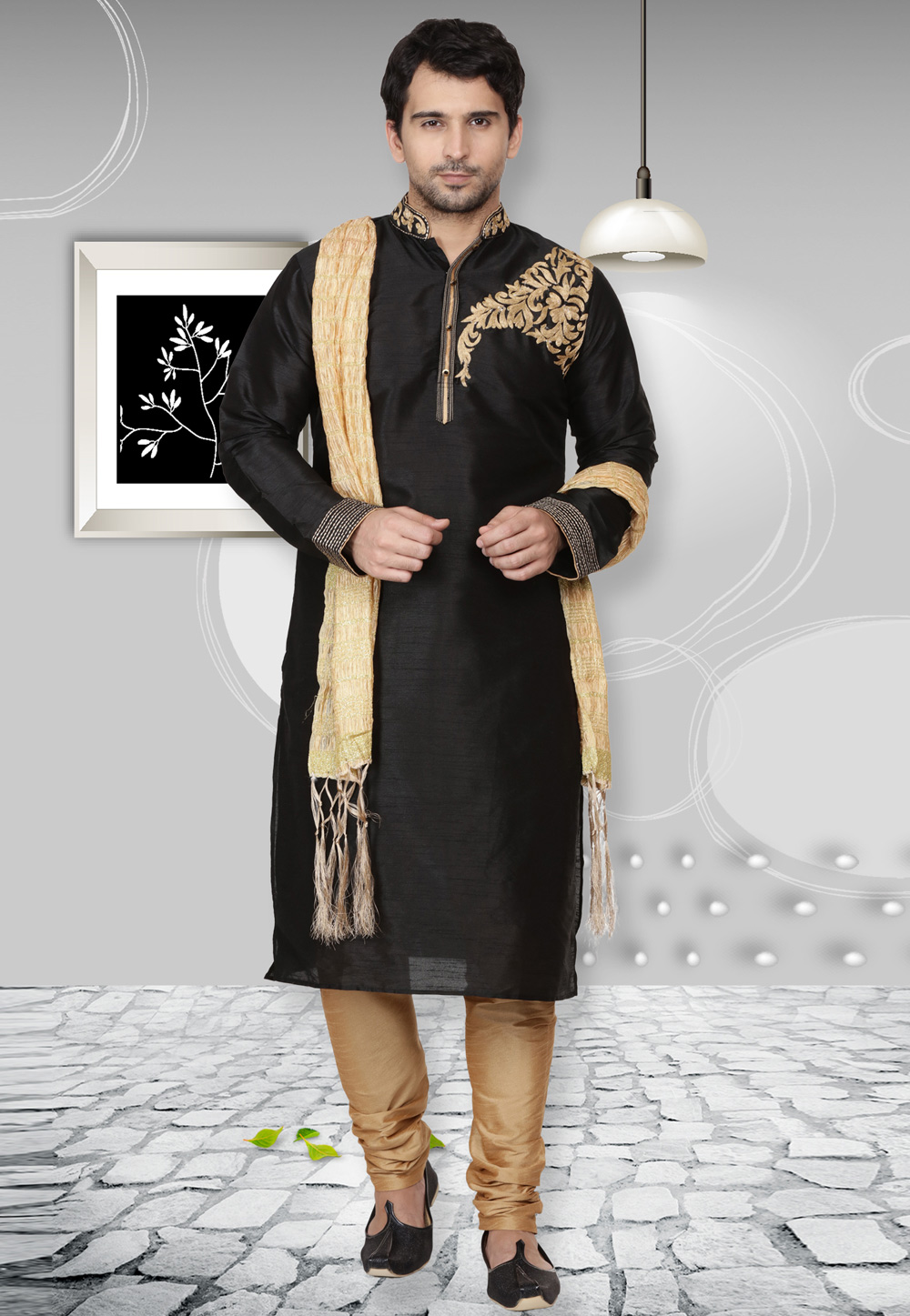 Black Dupion Silk Readymade Kurta Pajama 167122