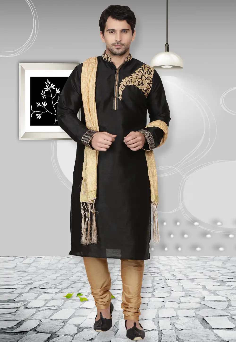 Black Dupion Silk Readymade Kurta Pajama 167122