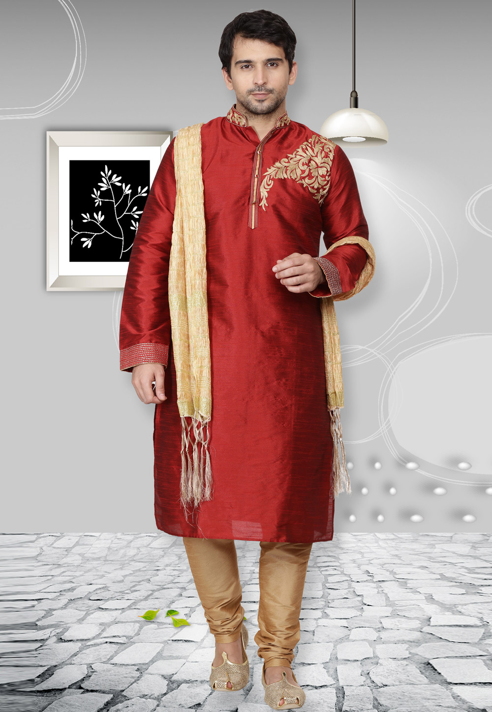 Maroon Dupion Silk Readymade Kurta Pajama 167123