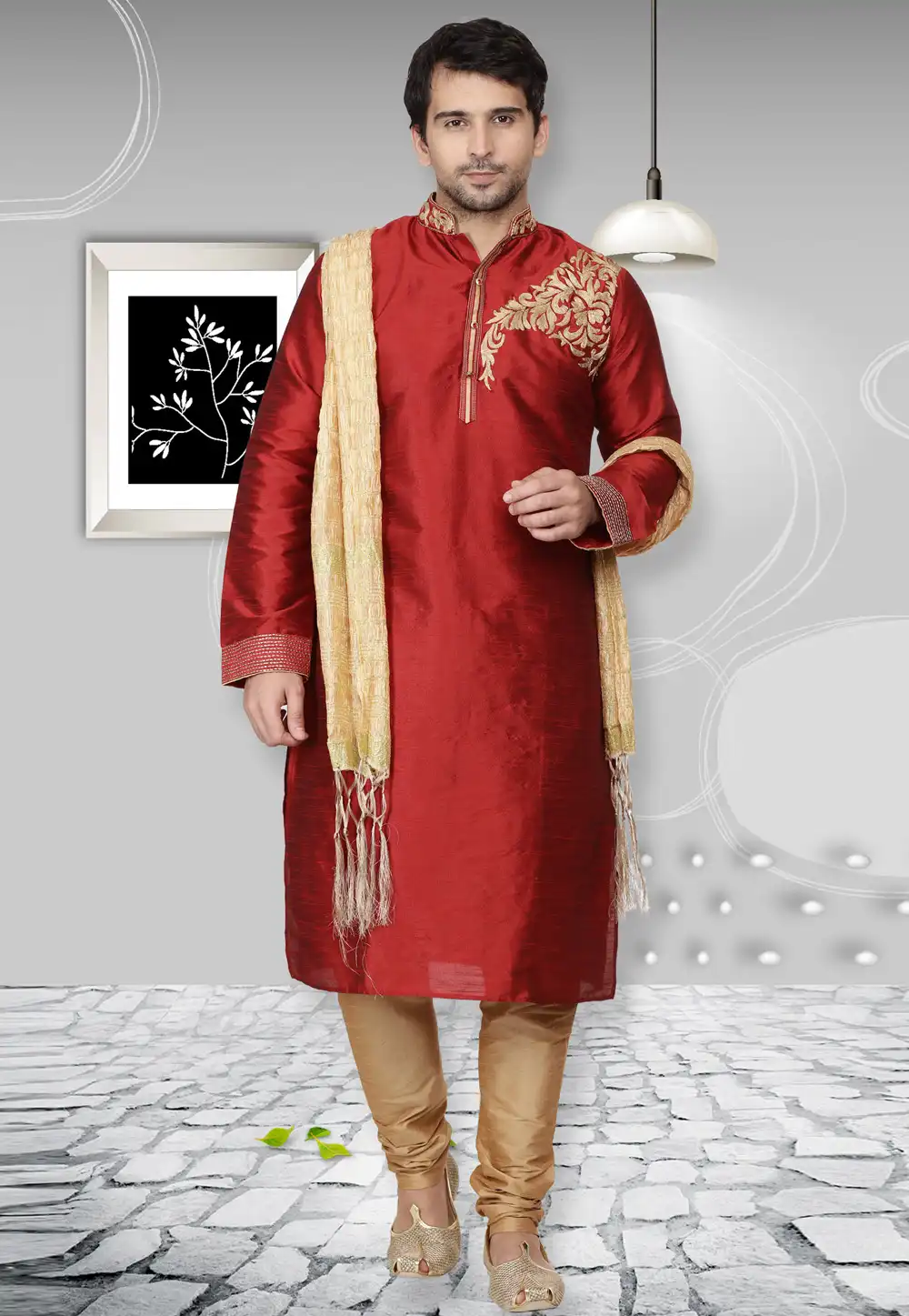 Maroon Dupion Silk Readymade Kurta Pajama 167123
