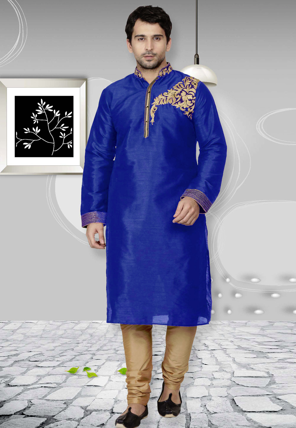 Blue Dupion Silk Readymade Kurta Pajama 207549