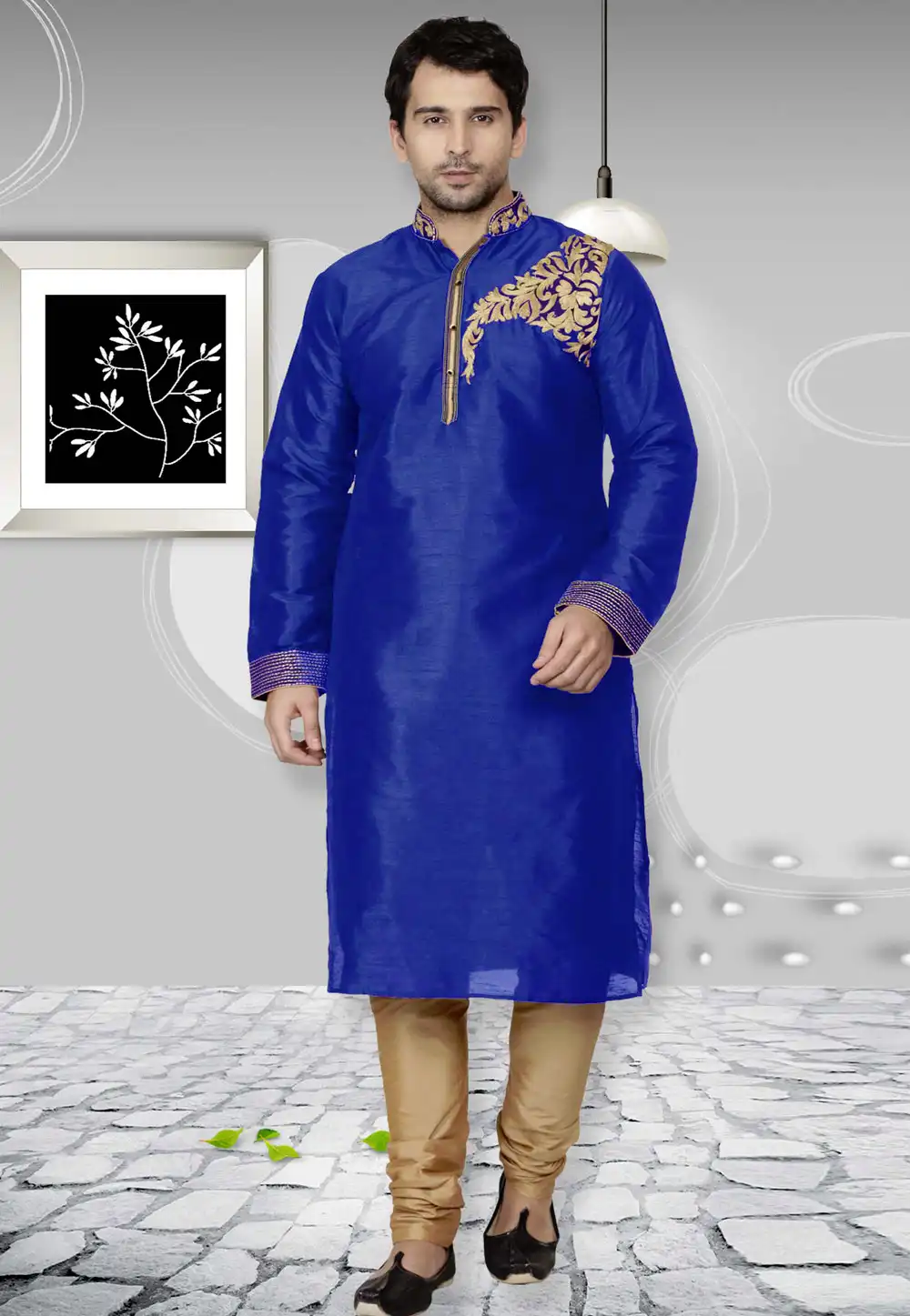 Blue Dupion Silk Readymade Kurta Pajama 207549