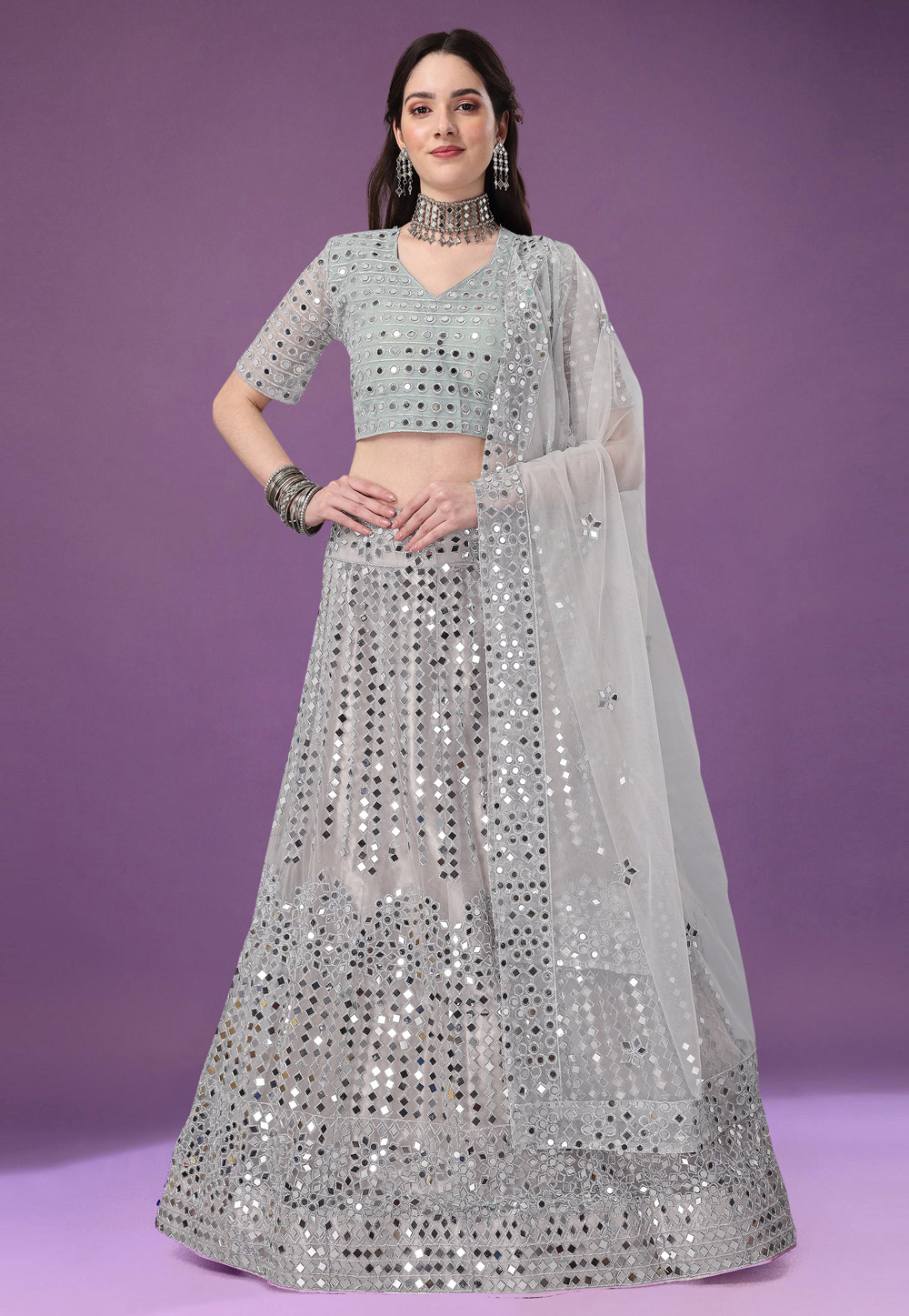 Grey Net A Line Lehenga Choli 256758