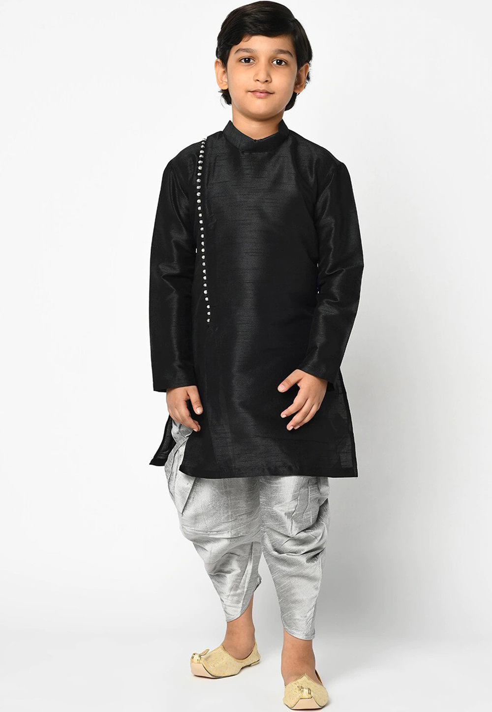 Black Dupion Silk Kids Dhoti Kurta 226240