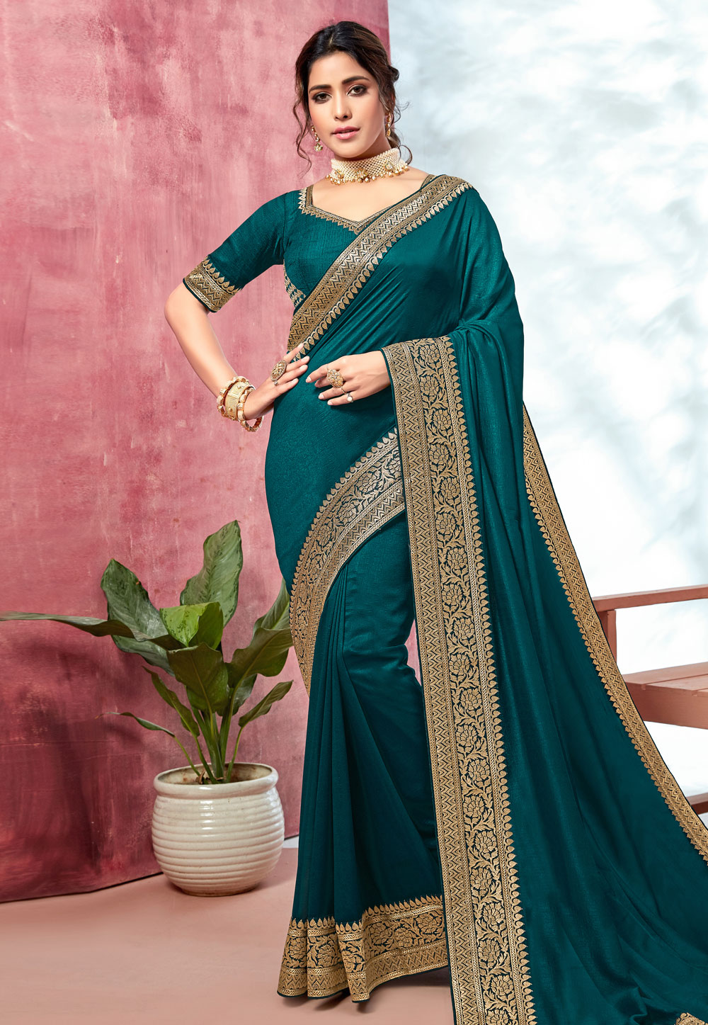Teal Chinon Festival Wear Saree 202413