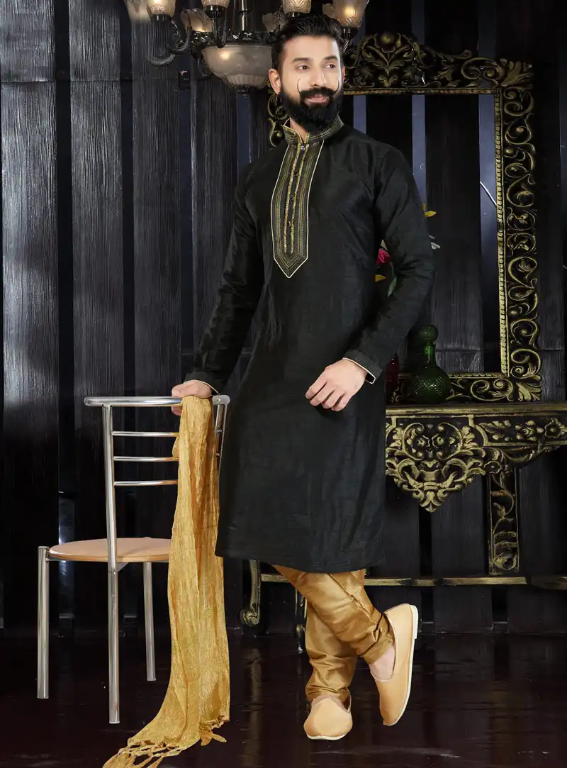Black Dupion Readymade Kurta Pajama 97464