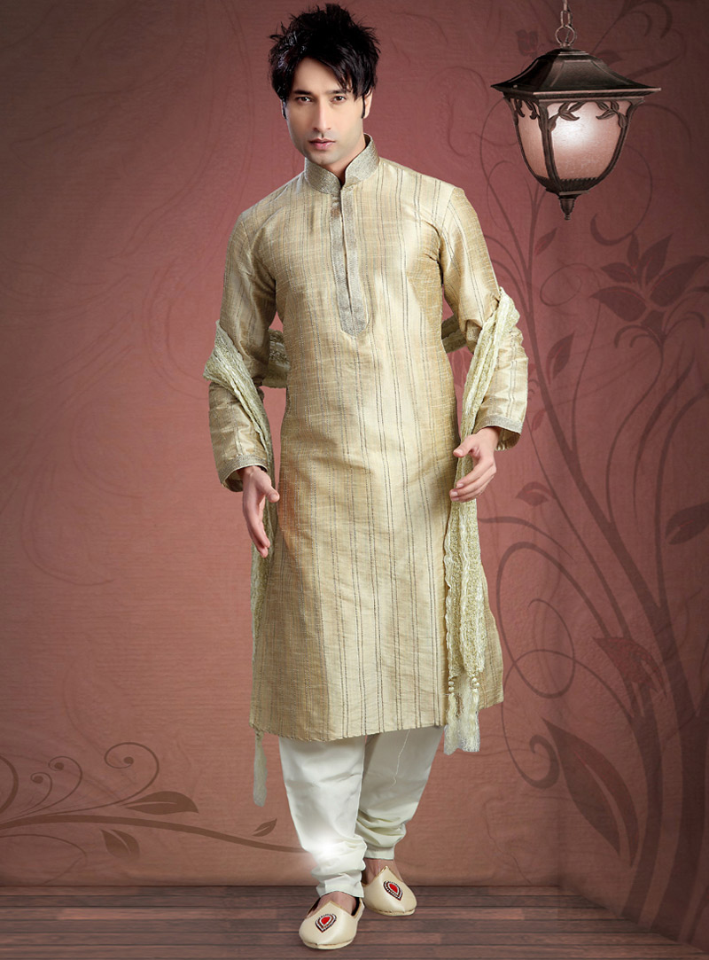 Beige Jacquard Readymade Kurta Pajama 87911
