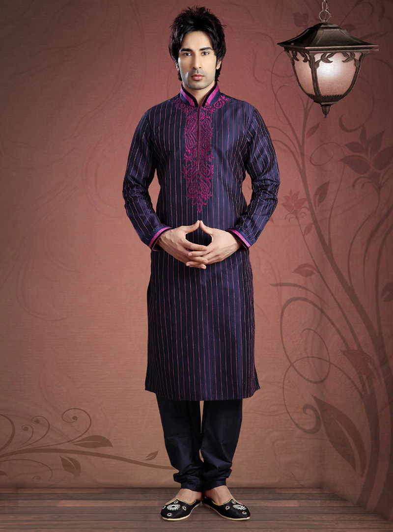 Navy Blue Art Dupion Readymade Kurta Pajama 87912