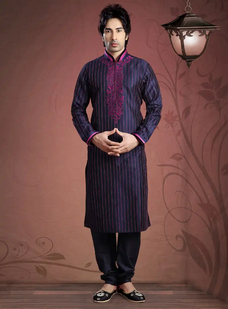 Navy Blue Art Dupion Readymade Kurta Pajama 87912