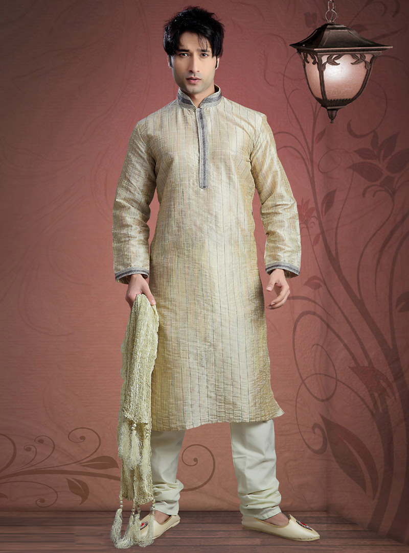 Beige Jacquard Readymade Kurta Pajama 87913