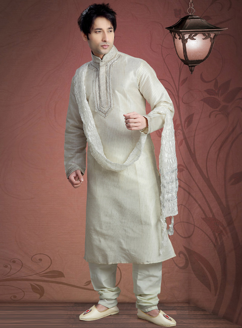 Off White Art Dupion Readymade Kurta Pajama 87915