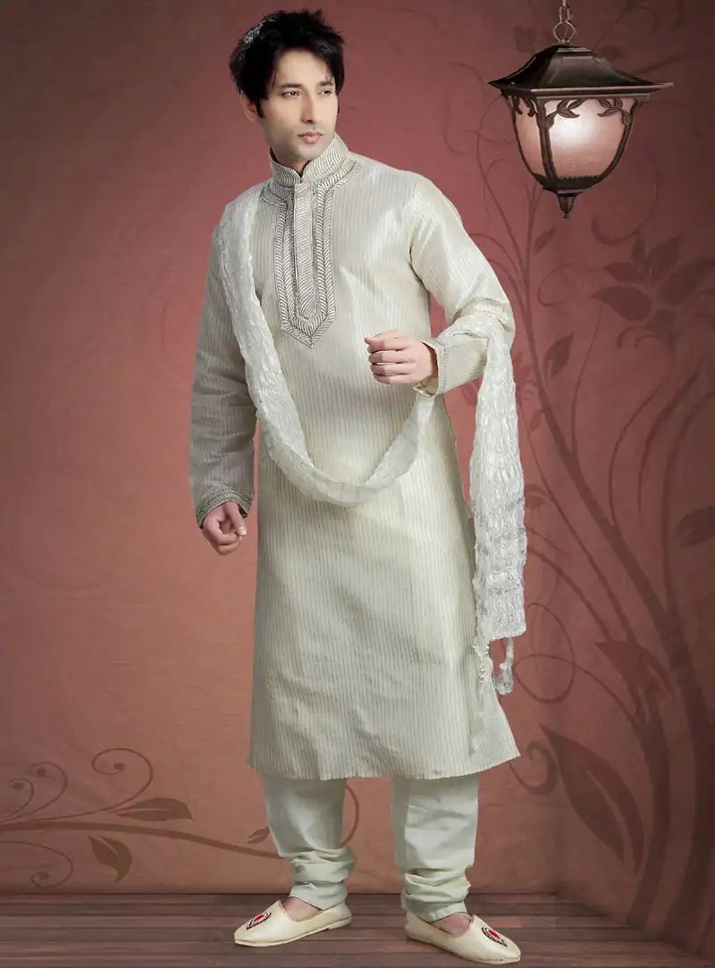 Off White Art Dupion Readymade Kurta Pajama 87915