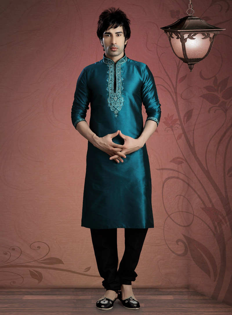 Teal Taffeta Readymade Kurta Pajama 87918