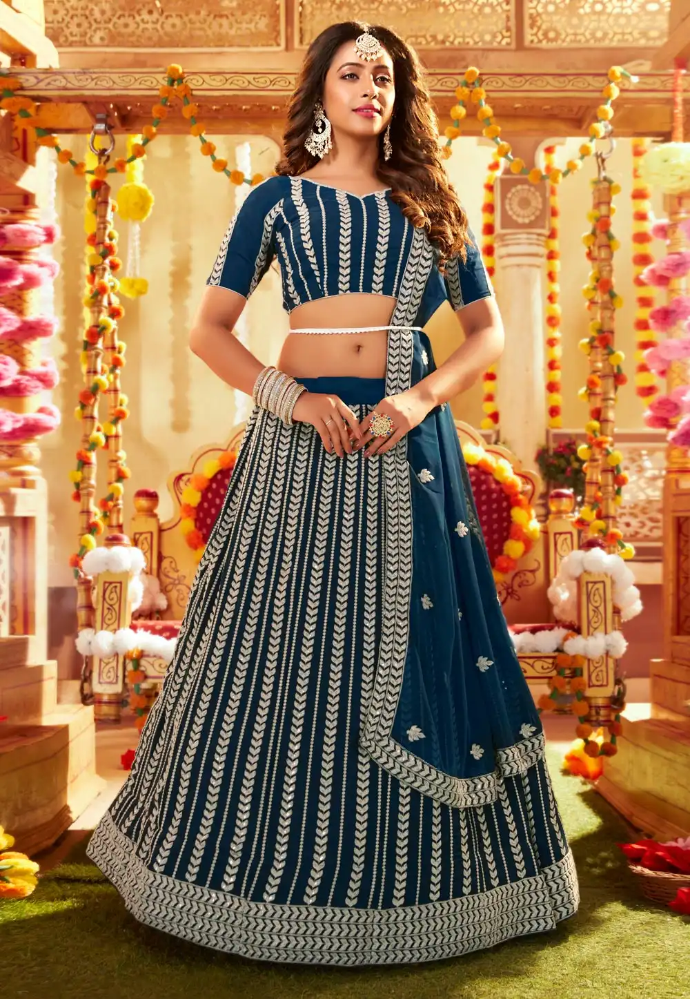 Navy Blue Faux Georgette Circular Lehenga Choli 247009