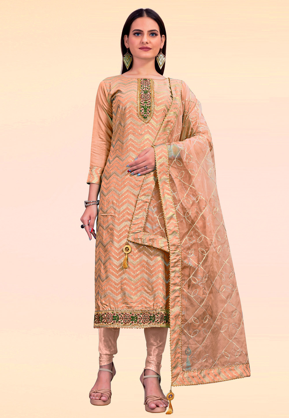 Peach Chanderi Churidar Salwar Suit 237954