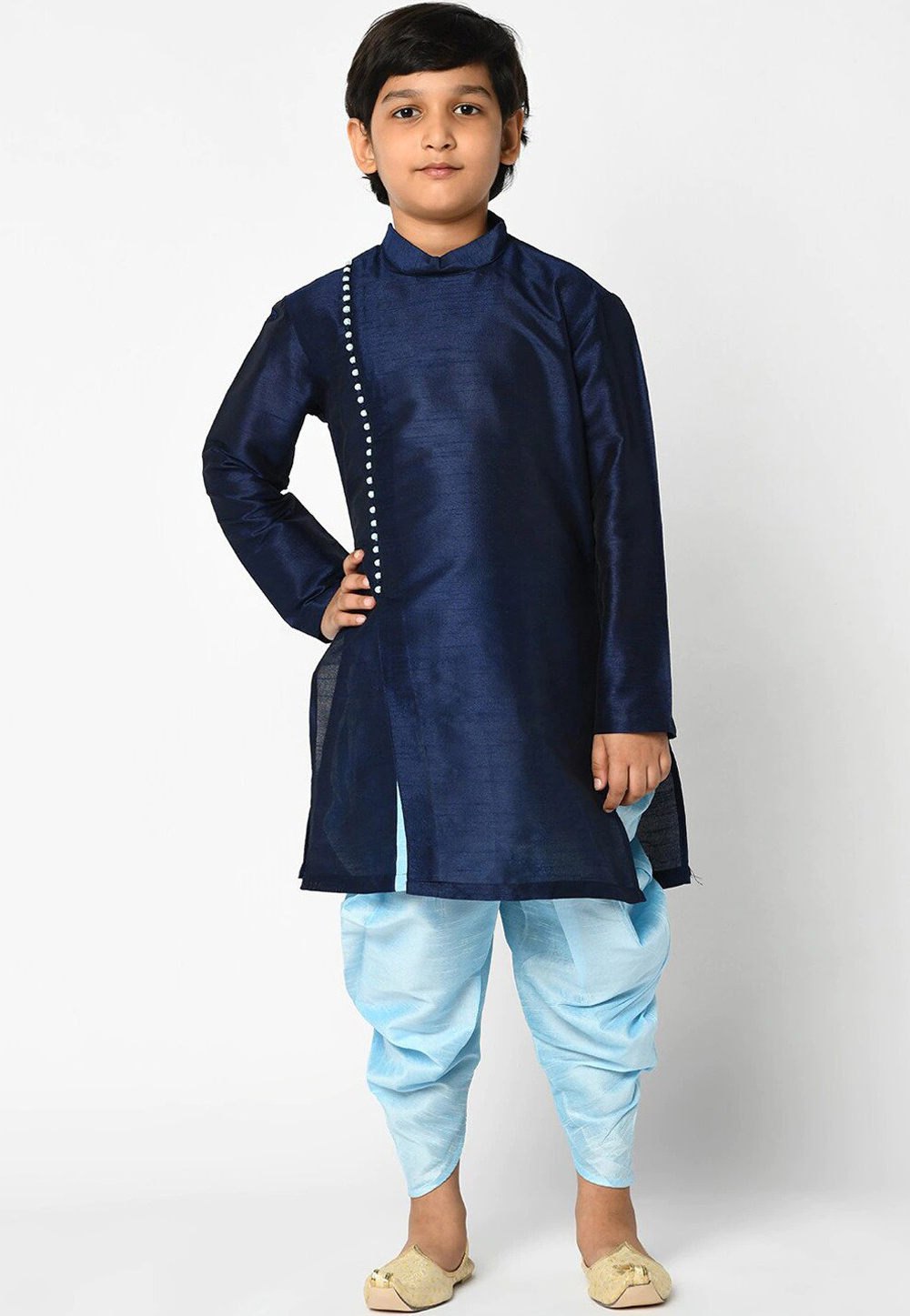 Navy Blue Dupion Silk Kids Dhoti Kurta 226242