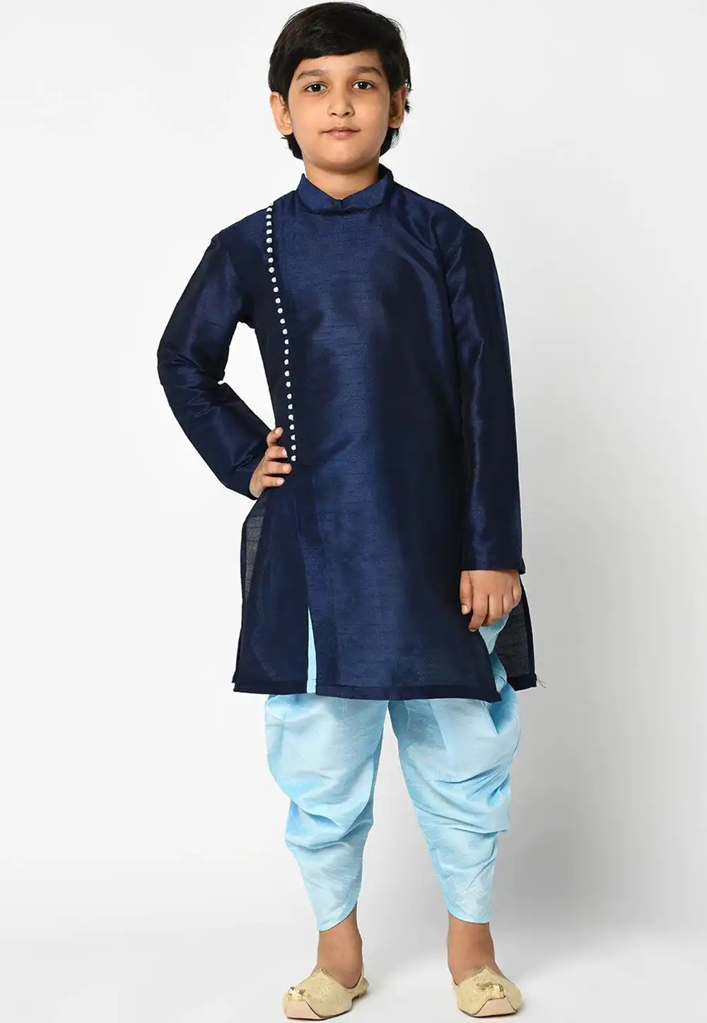 Navy Blue Dupion Silk Kids Dhoti Kurta 226242