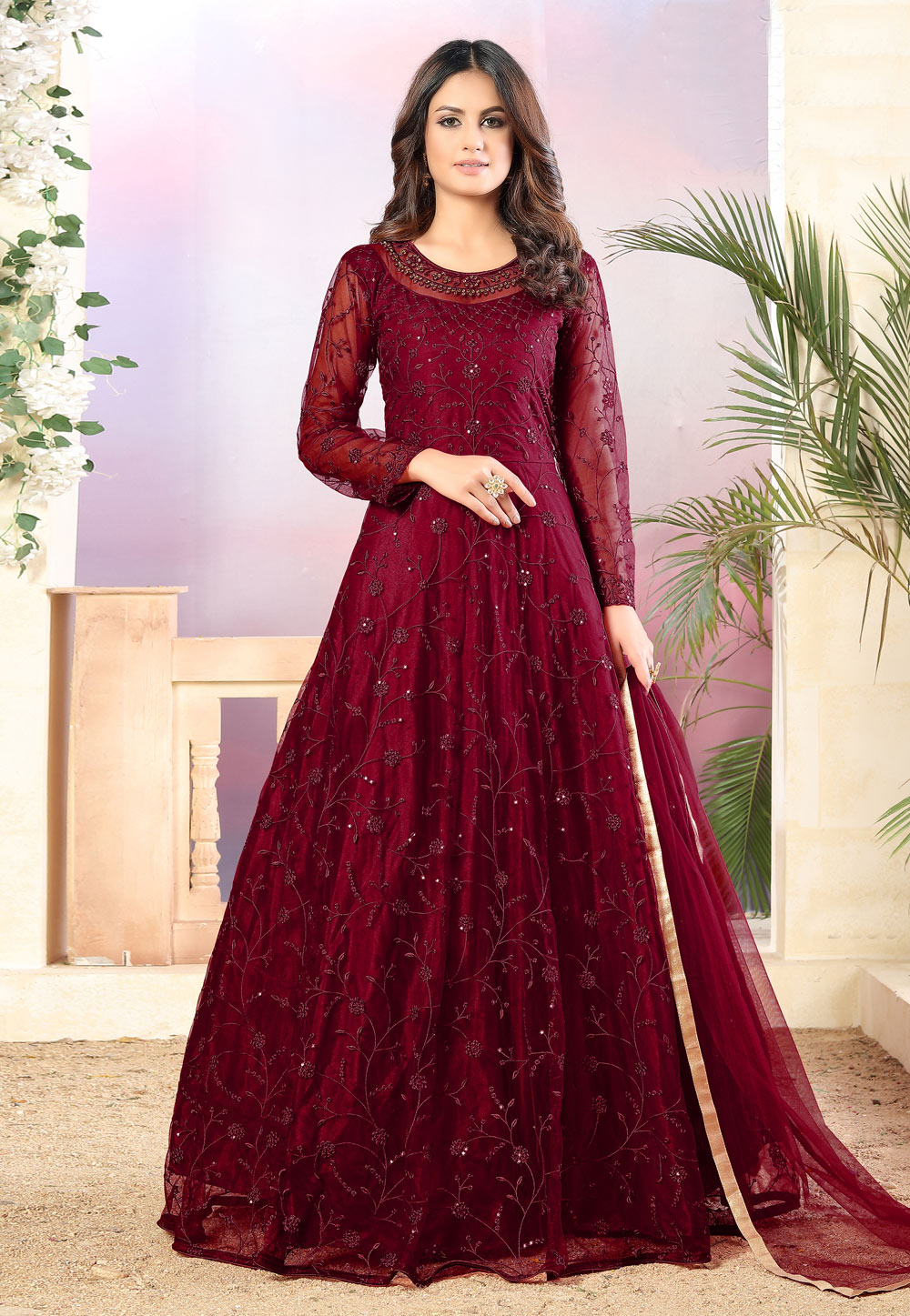 Maroon Net Floor Length Anarkali Suit 233018