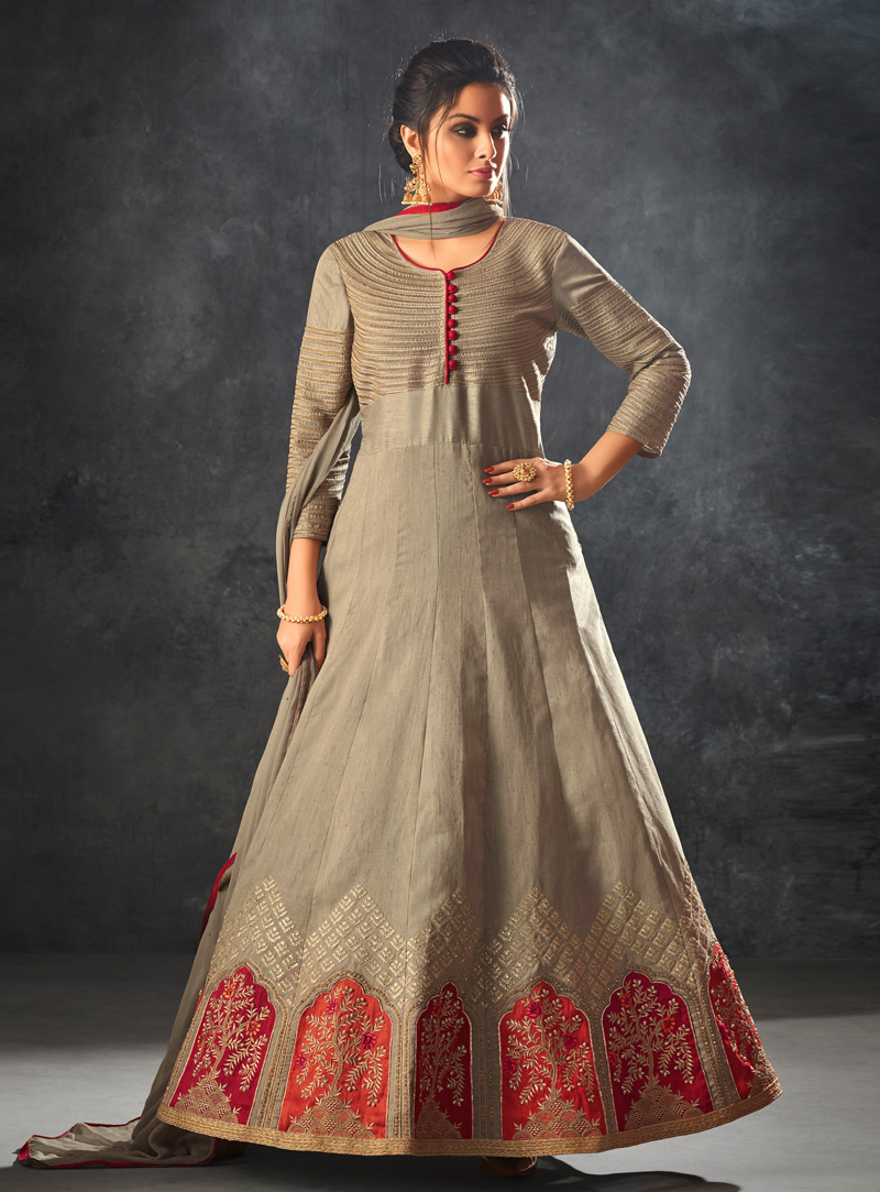 Beige Raw Silk Long Anarkali Suit 147691