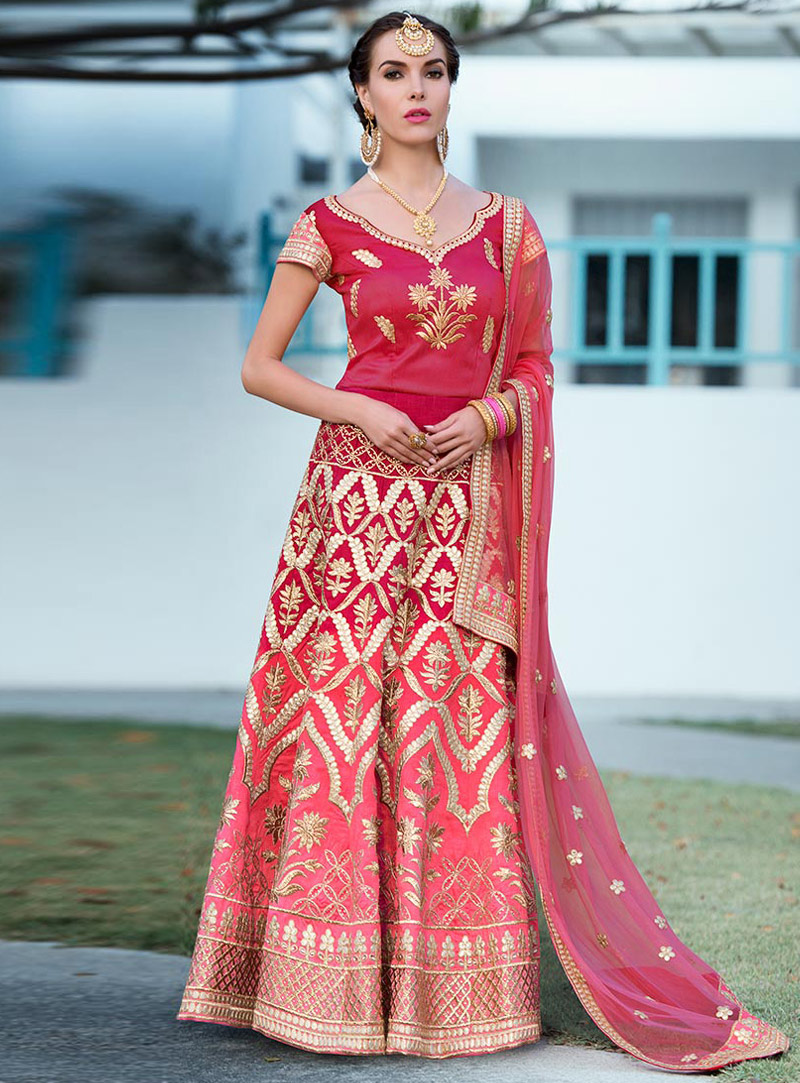 Pink Silk Long Choli Lehenga 96930
