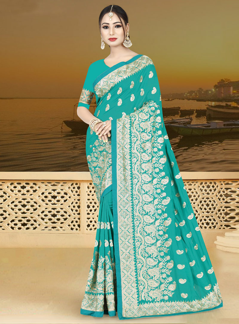 Cyan Silk Saree With Blouse 146796