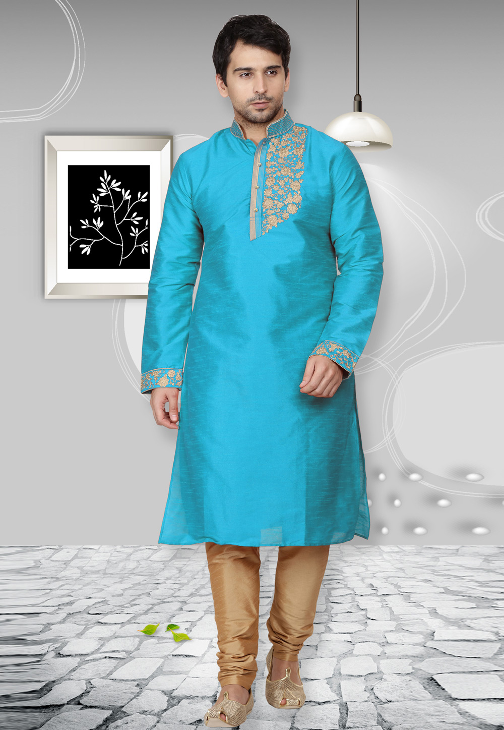 Aqua Dupion Silk Readymade Kurta Pajama 204963