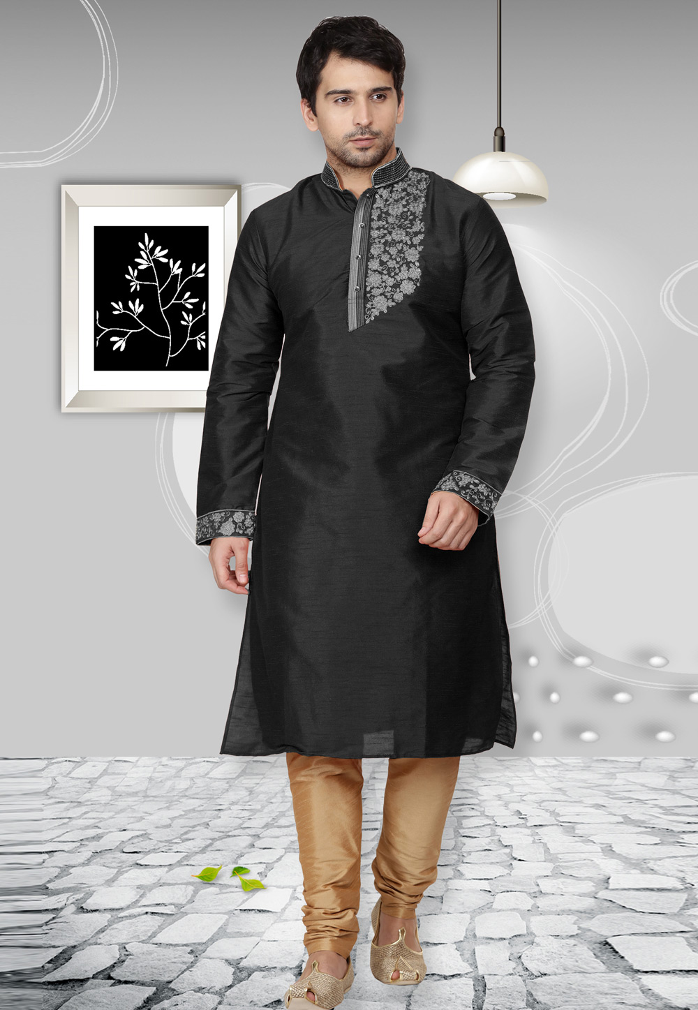 Black Dupion Silk Readymade Kurta Pajama 204964